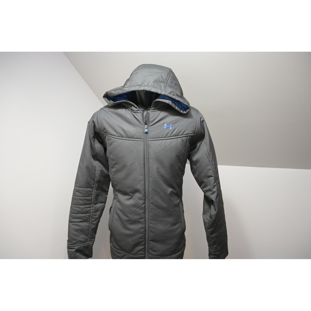 Under Armour Puffer Jacket Women Large Grey Hooded Insulated Full Zip Outerwear